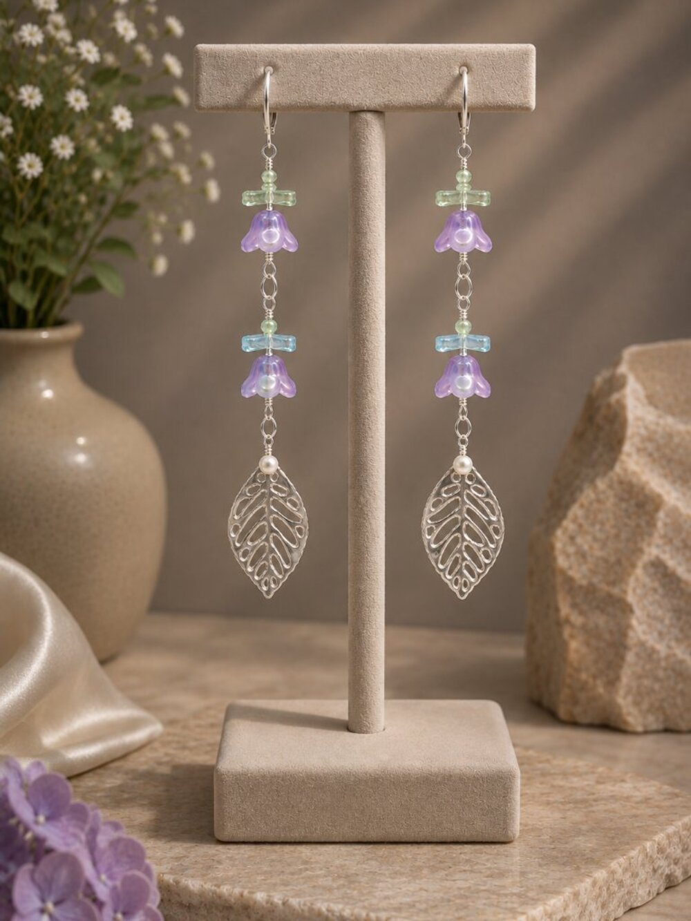 Whimsical Cultured Pearl & Glass Ombre Floral Leaf Drop Earrings Handmade Fairy